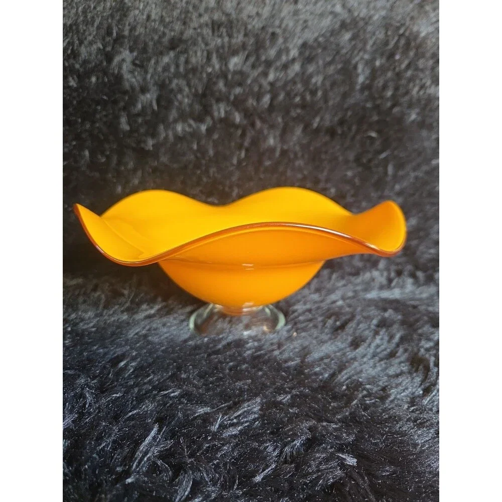 Vtg Teleflora Gift Vibrant Orange Glass Bowl with Ruffled Rim on Clear Pedestal - Picture 1 of 9